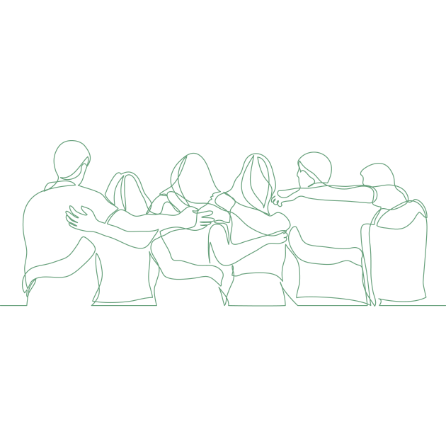 Drawn image of six people from behind, waist up, with their arms around each other.