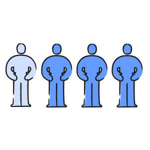 Cartoon style icon of 4 people, 3 out of 4 who are in a deeper shade of blue.