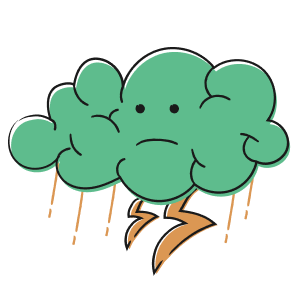 A cartoon of a green storm cloud with a sad face, raining and striking lightning.