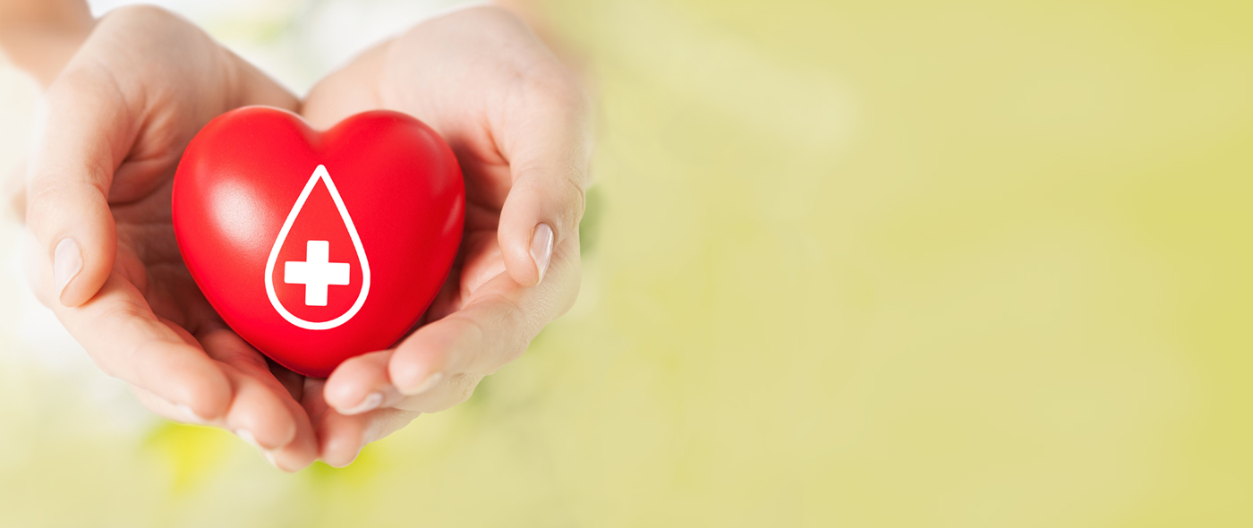 Two hands holding a heart with a blood drop sign with a cross