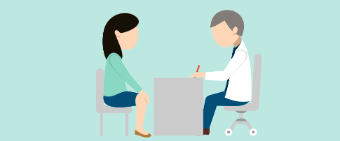 Illustration eines Arztes, der einer Patientin ein Medikament verschreibt. 