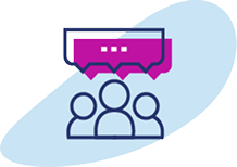 Icon of three people with a speech bubble, representing support through the Adbry® Patient Assistance Program for individuals with limited or no prescription coverage.