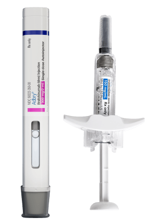 Image of Adbry® auto-injector and syringe, used for administering treatment for moderate to severe eczema.