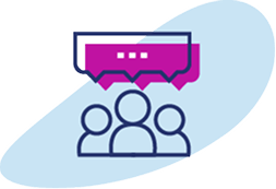 Icon of three people with a speech bubble, representing support through the Adbry® Patient Assistance Program for individuals with limited or no prescription coverage.