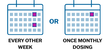 Calendar icon showing flexibility of dosing every other week and Calendar icon showing flexibility of dosing every 4 weeks