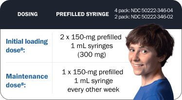 Dosing options for pediatric patients (ages 12-17) using prefilled syringe, showing initial loading dose and maintenance dose.