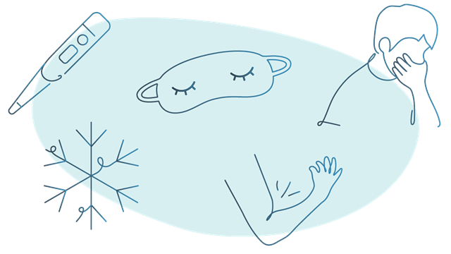 Illustration showing symptoms beneath the skin such as fever, chills, exhaustion, joint pain, nausea, and general discomfort or weakness