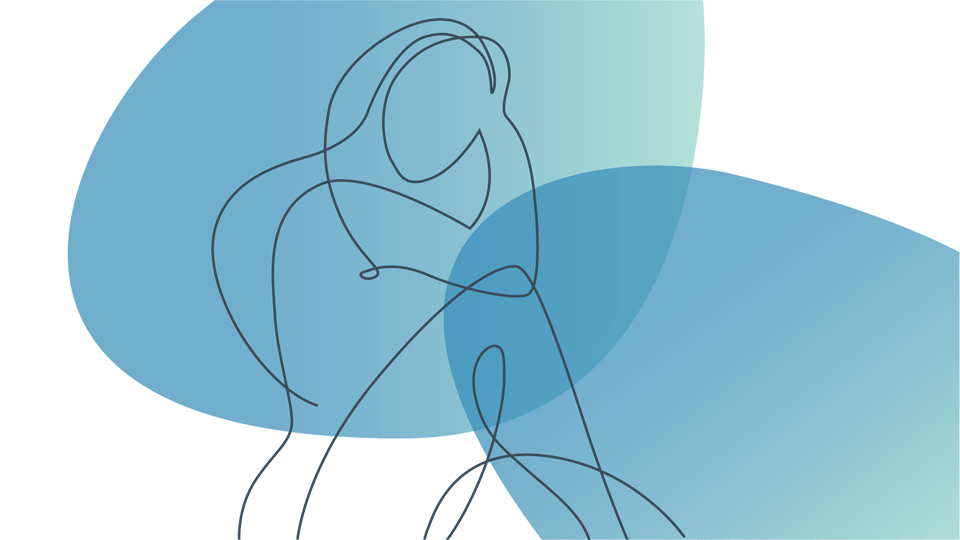 Abstract line illustration of a person with overlapping blue and teal shapes