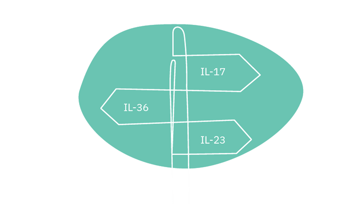 Signpost illustration showing IL-36, IL-17, and IL-23 pathways for different types of psoriasis