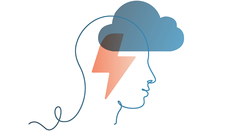 Illustration of a head with a cloud and lightning bolt