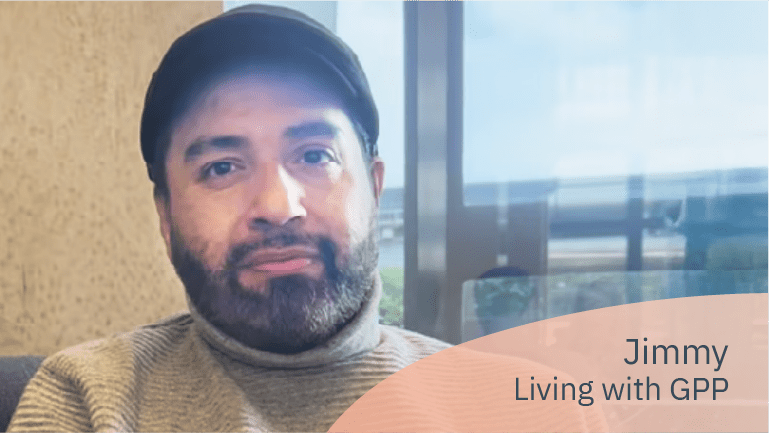 Jimmy, living with GPP, in a video sharing how he found his voice
