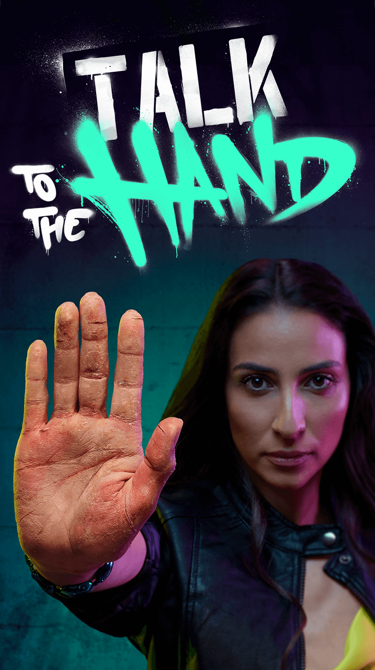 A woman holding up her hand with visible eczema, accompanied by the text 'Talk to the Hand'.