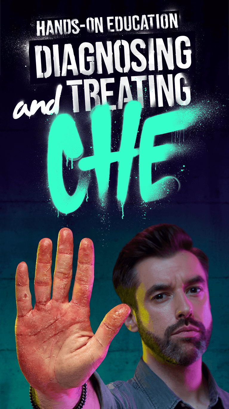 Graphic showing a person holding up their hand with visible eczema, alongside the text 'Hands-on Education: Diagnosing and Treating CHE'.